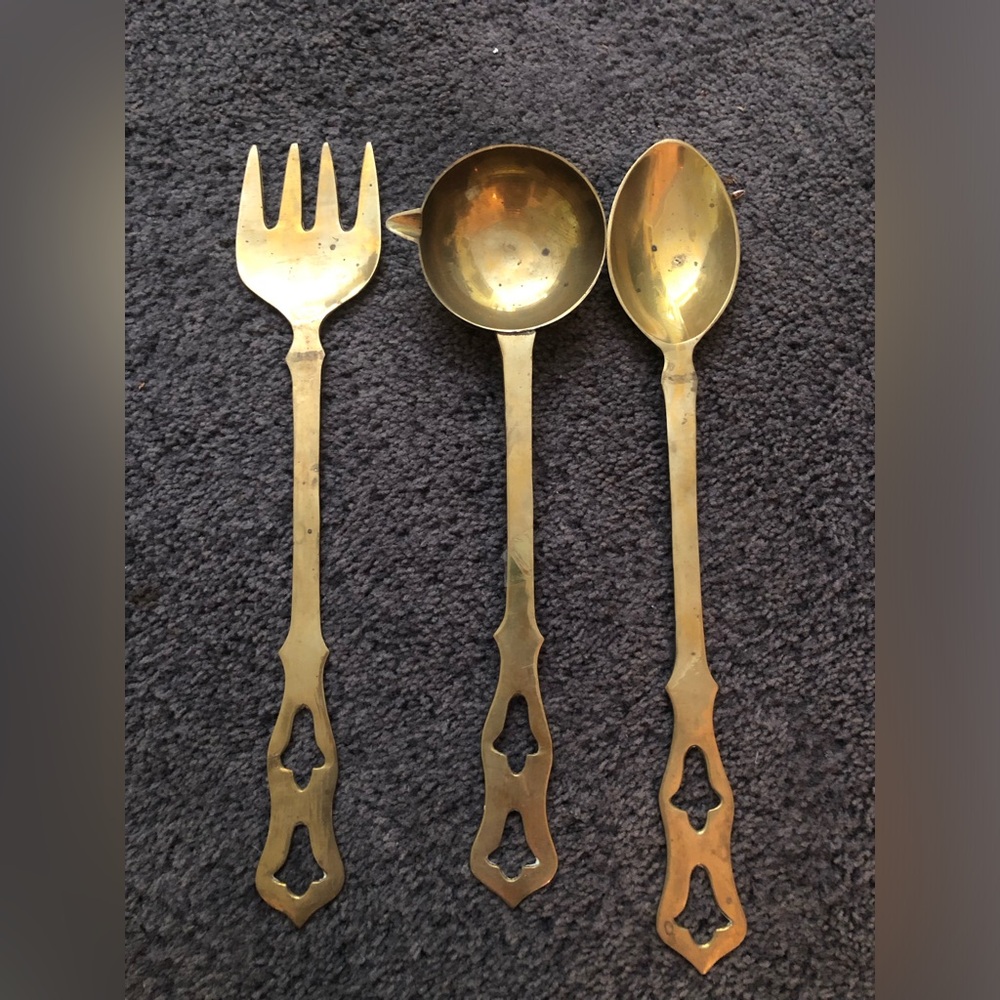 Vintage 3 Piece Brass French Country Kitchen Utensils Set MCM Cottage Core